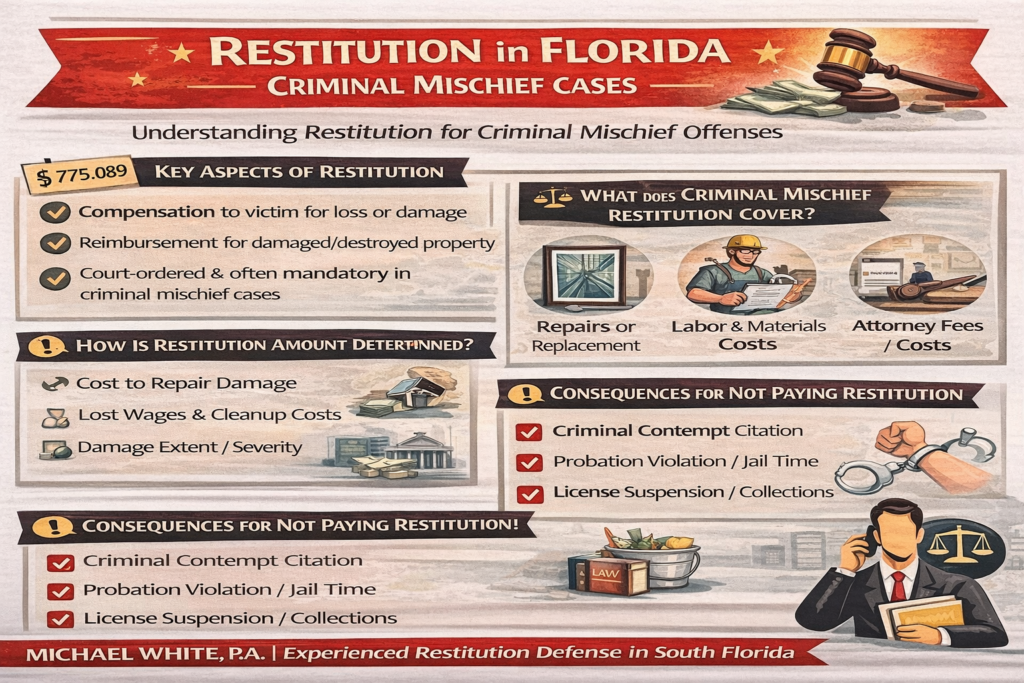 Infographic explaining restitution in Florida criminal mischief cases, showing that courts may require payment for property damage, including repair costs, replacement, and related expenses, how restitution amounts are determined, and consequences for non-payment such as probation violations or jail time.