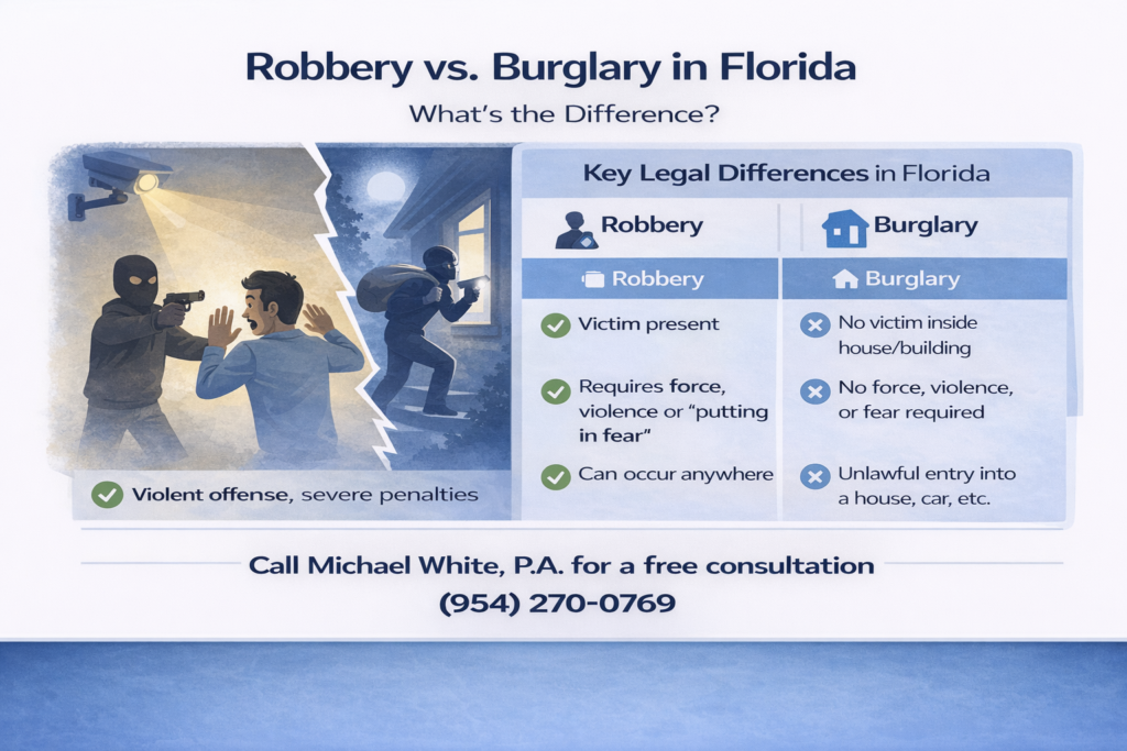 Infographic comparing robbery and burglary in Florida, showing a masked robber confronting a victim versus a burglar entering a building, alongside a side-by-side chart explaining key differences such as victim presence, use of force or fear, and unlawful entry, with a call to contact Michael White, P.A. for a consultation.