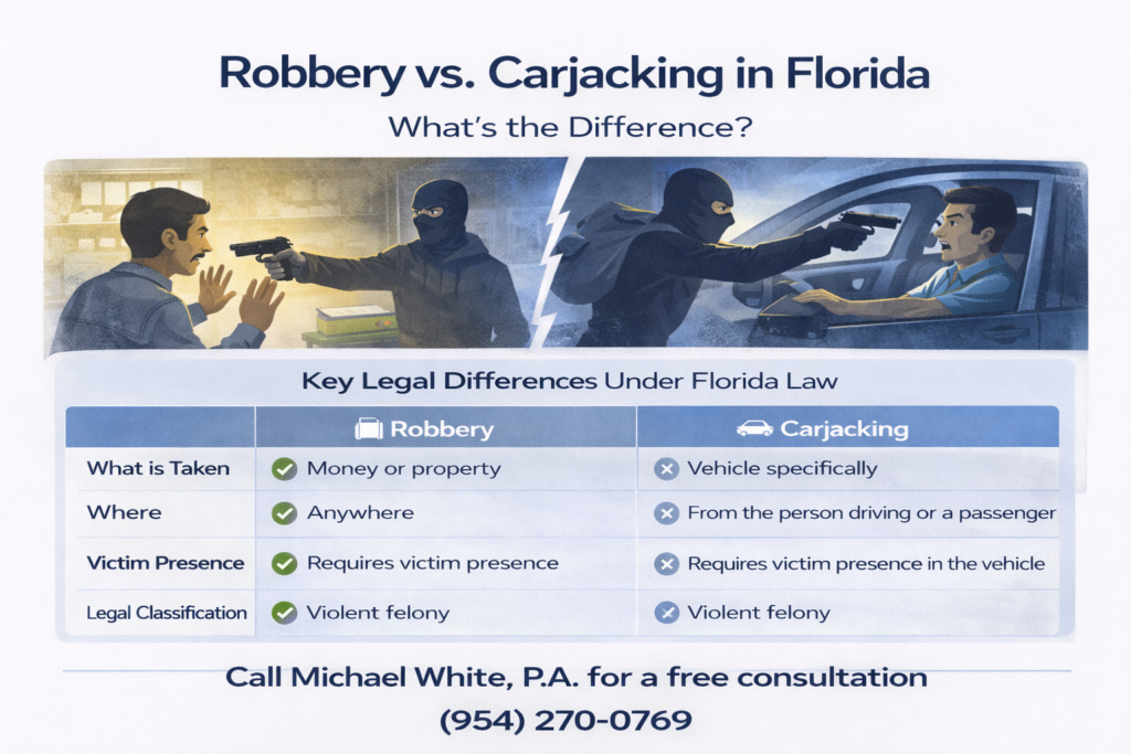 Infographic comparing robbery and carjacking in Florida, showing a masked robber confronting a victim versus a suspect taking a vehicle at gunpoint, alongside a side-by-side chart outlining key differences such as what is taken, location, victim presence, and legal classification, with a call to contact Michael White, P.A. for a consultation.