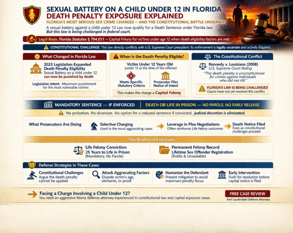 Horizontal infographic explaining death penalty exposure for sexual battery on a child under 12 in Florida, including when charges may qualify as a capital felony, the constitutional conflict with U.S. Supreme Court precedent, potential life or death sentences, and defense strategies to challenge eligibility and aggravating factors.
