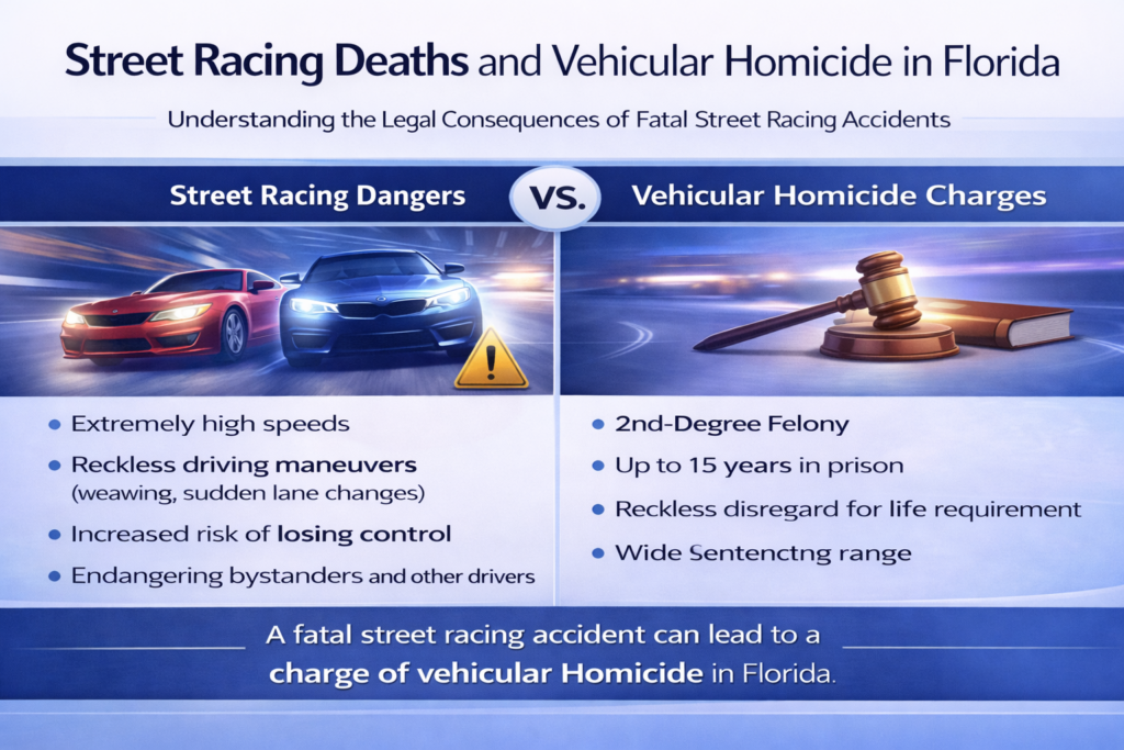 Infographic titled “Street Racing Deaths and Vehicular Homicide in Florida” explaining how fatal street racing crashes can lead to second-degree felony vehicular homicide charges, outlining reckless driving behaviors, extreme speed, and potential penalties of up to 15 years in prison.