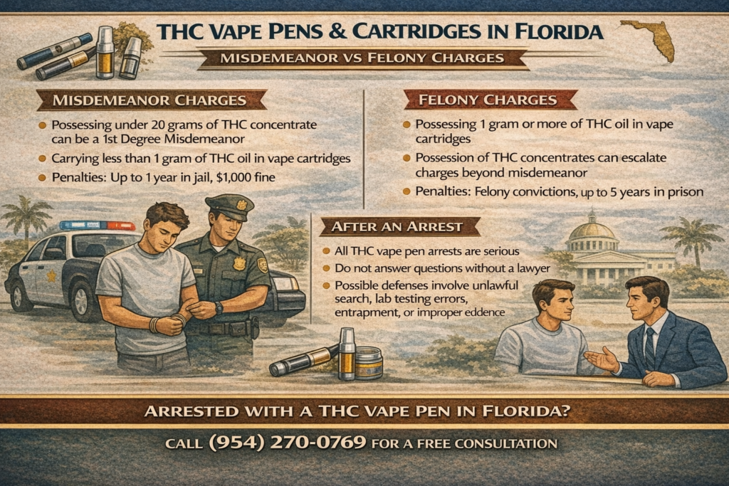 Infographic explaining Florida laws on THC vape pens, cartridges, and cannabis concentrates, including possible misdemeanor or felony charges.
