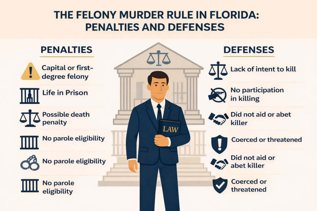 Infographic explaining the felony murder rule in Florida, outlining penalties such as life in prison or the death penalty when a death occurs during certain felonies, and potential defenses including lack of intent, non-participation in the killing, and coercion.