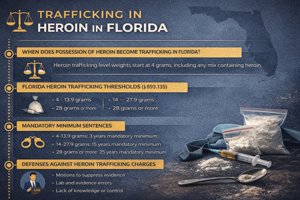 Horizontal infographic titled “Trafficking in Heroin in Florida” explaining when heroin possession becomes trafficking, Florida trafficking weight thresholds starting at 4 grams, mandatory minimum prison sentences, and common legal defenses under Florida Statute §893.135.