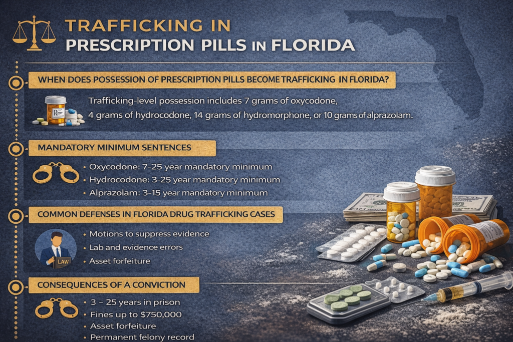 Horizontal infographic titled “Trafficking in Prescription Pills in Florida” explaining when possession of prescription drugs becomes trafficking, including trafficking thresholds for oxycodone, hydrocodone, hydromorphone, and alprazolam, mandatory minimum prison sentences, common defenses, and penalties under Florida drug trafficking laws.