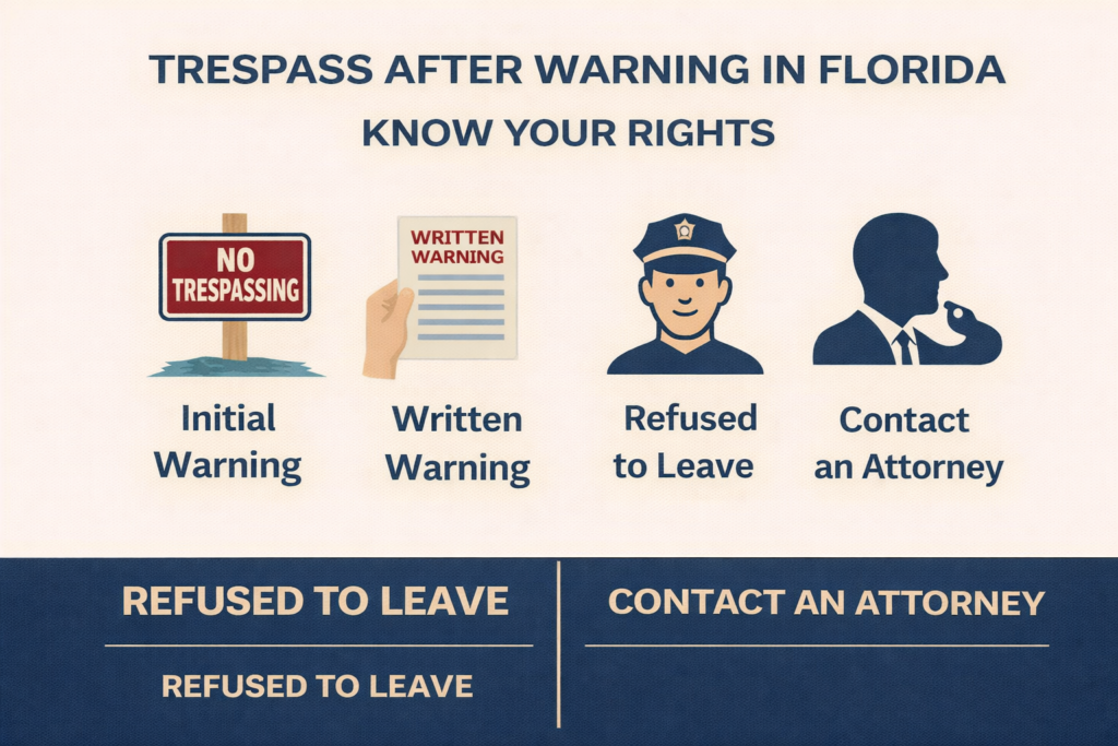 Infographic titled “Trespass After Warning in Florida – Know Your Rights” showing a no trespassing sign and icons for initial warning, written warning, refusal to leave, and contacting an attorney.