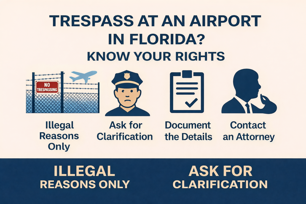 Infographic titled “Trespass at an Airport in Florida – Know Your Rights” featuring airport fence and airplane imagery with four guidance icons: illegal reasons only, ask for clarification, document the details, and contact an attorney.