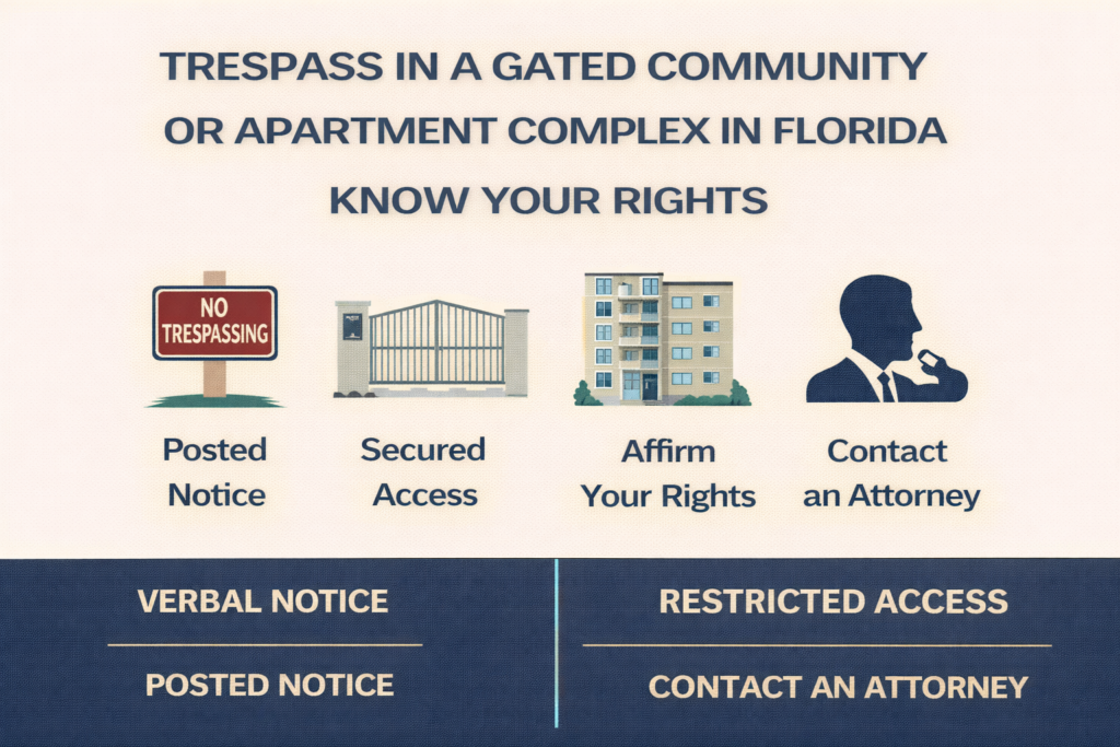 Infographic titled “Trespass in a Gated Community or Apartment Complex in Florida – Know Your Rights” featuring a no trespassing sign, gated entrance, and apartment building with guidance icons: posted notice, secured access, affirm your rights, and contact an attorney, with a bottom banner highlighting verbal notice, restricted access, posted notice, and contacting an attorney.