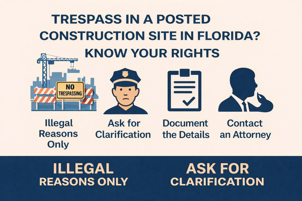 Infographic titled “Trespass in a Posted Construction Site in Florida – Know Your Rights” featuring a construction site with a no trespassing sign and four guidance icons: illegal reasons only, ask for clarification, document the details, and contact an attorney.