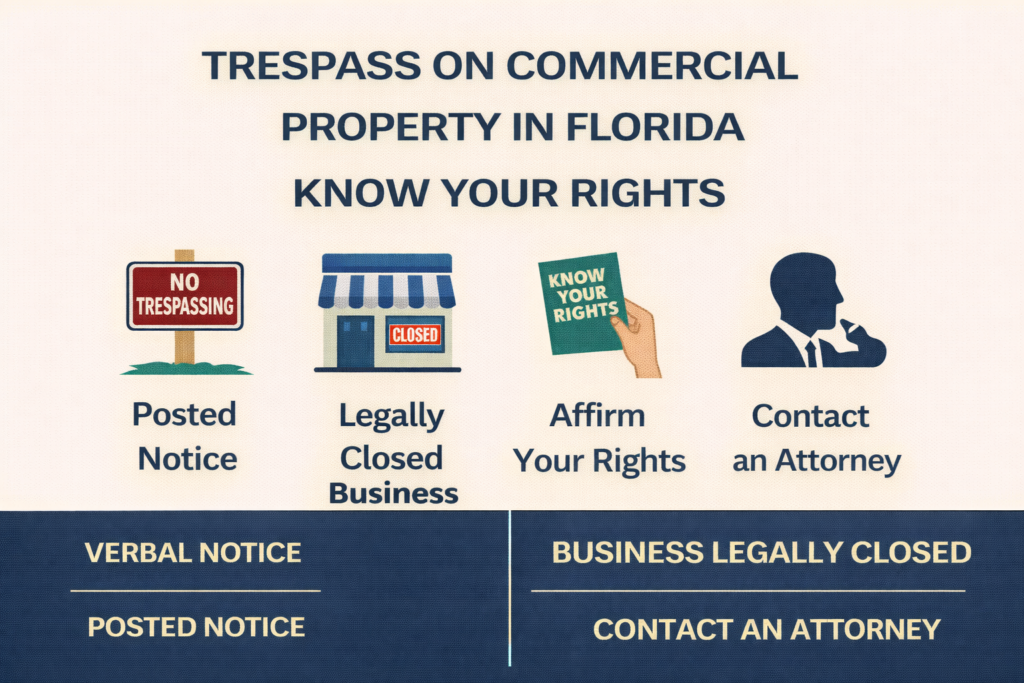 Infographic titled “Trespass on Commercial Property in Florida – Know Your Rights” featuring a no trespassing sign and closed storefront with guidance icons: posted notice, legally closed business, affirm your rights, and contact an attorney, with a bottom banner highlighting verbal notice, posted notice, business legally closed, and contacting an attorney.