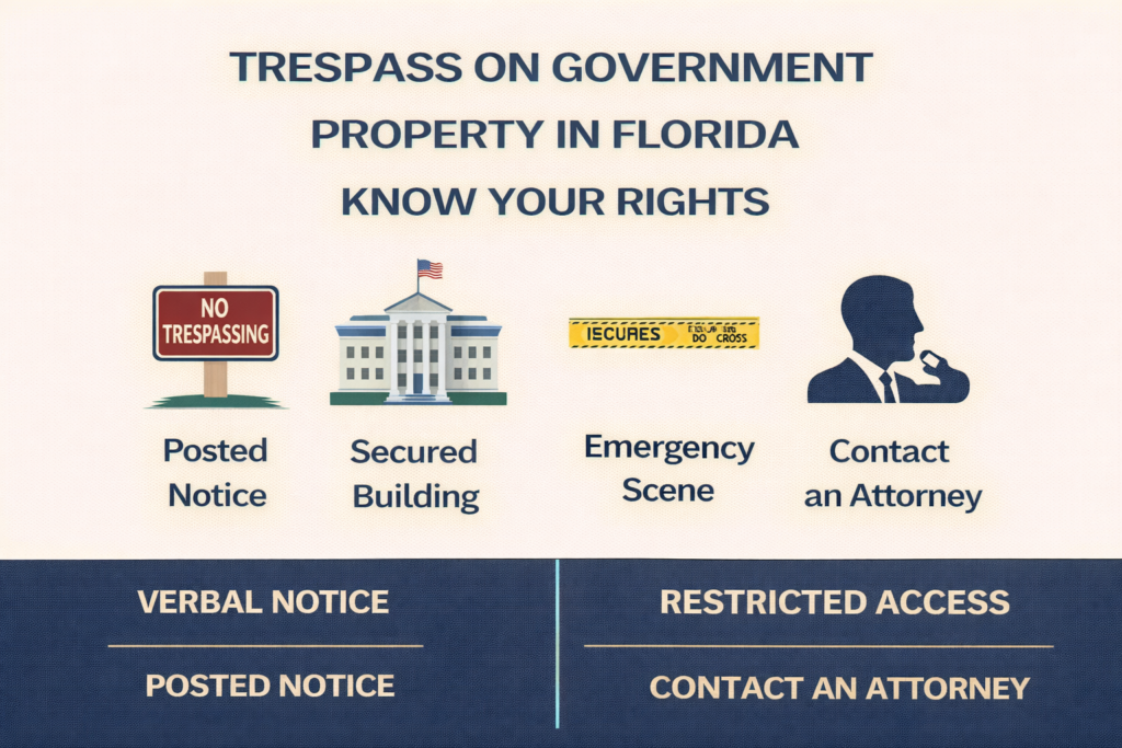 Infographic titled “Trespass on Government Property in Florida – Know Your Rights” featuring a no trespassing sign, government building, and caution tape with guidance icons: posted notice, secured building, emergency scene, and contact an attorney, with a bottom banner highlighting verbal notice, restricted access, posted notice, and contacting an attorney.