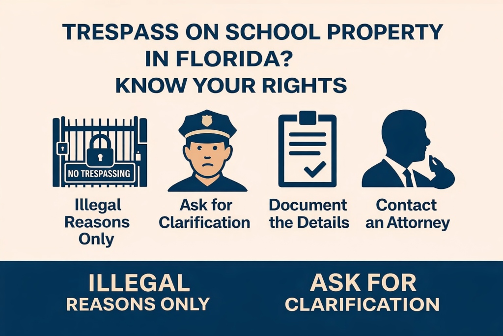 Infographic titled “Trespass on School Property in Florida – Know Your Rights” showing four icons with guidance: illegal reasons only, ask for clarification, document the details, and contact an attorney.