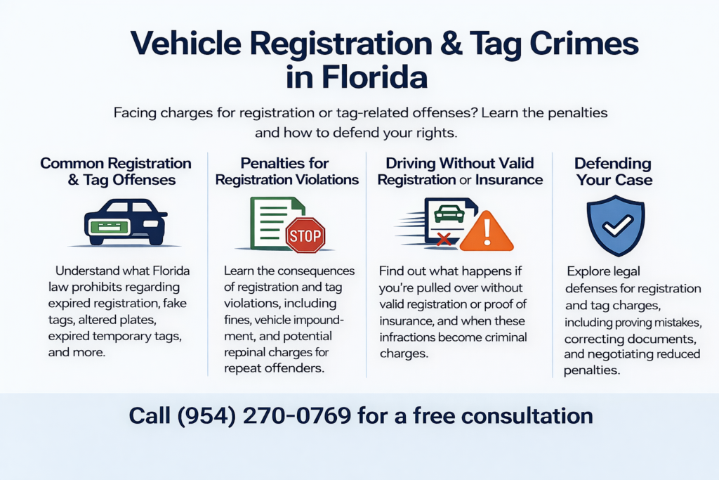 Infographic titled “Vehicle Registration and Tag Crimes in Florida” explaining common registration and tag offenses such as expired registration, unassigned license plates, and driving without valid registration, along with penalties and defense strategies in Fort Lauderdale and South Florida.