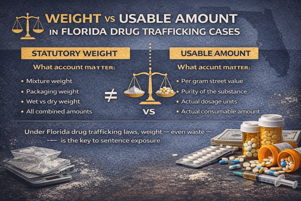 Horizontal infographic titled “Weight vs Usable Amount in Florida Drug Trafficking Cases” illustrating how Florida drug trafficking penalties are determined by total mixture weight rather than usable drug quantity.