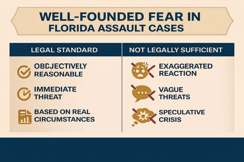 Infographic titled “Well-Founded Fear in Florida Assault Cases” showing the legal standard for assault, including objectively reasonable fear, immediate threat, and real circumstances, contrasted with insufficient factors like exaggerated reactions, vague threats, and speculative fear.