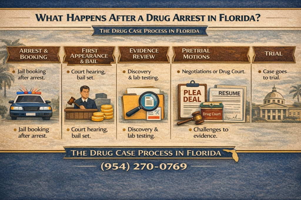 Infographic showing the steps in a Florida drug case after arrest, including booking, bail hearing, discovery, pretrial motions, plea negotiations, and trial.