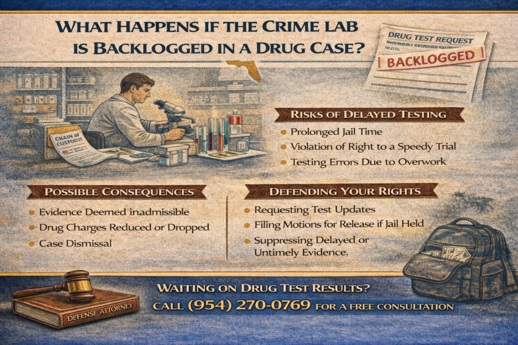 Infographic titled “What Happens If the Crime Lab Is Backlogged in a Drug Case?” explaining how delays in forensic testing can affect drug prosecutions in Florida. The graphic highlights issues such as delayed laboratory confirmation of controlled substances, postponed charging decisions, discovery delays, and how backlog problems may create weaknesses or delays in a criminal drug case.