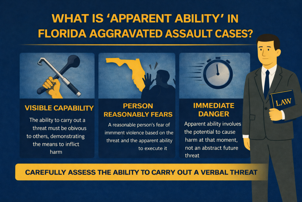 Infographic about apparent ability in Florida assault law, explaining how visible means, fear of imminent harm, and immediacy affect aggravated assault charges