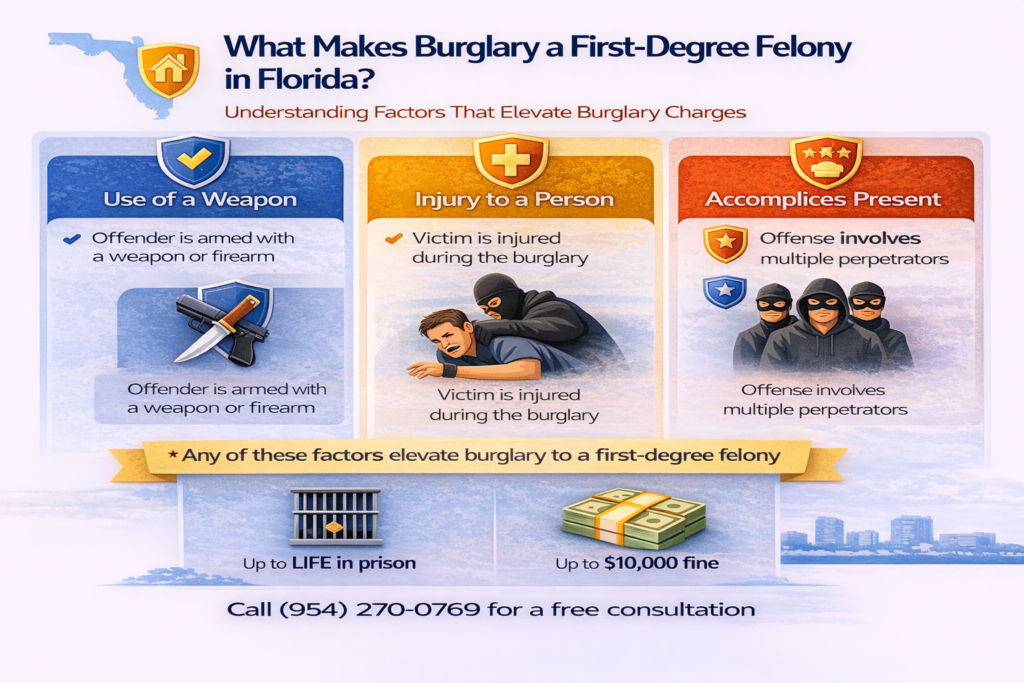 Infographic explaining what elevates burglary to a first-degree felony in Florida, including factors such as use of a weapon, injury to a person, or multiple offenders, and outlining potential penalties including life in prison and significant fines.