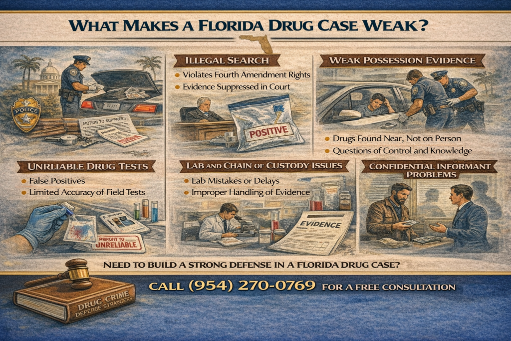 Infographic titled “What Makes a Florida Drug Case Weak?” explaining common weaknesses in drug prosecutions, including illegal searches, lack of knowledge or possession, unreliable field drug tests, and problems with laboratory testing or evidence handling that may create reasonable doubt in a drug case.