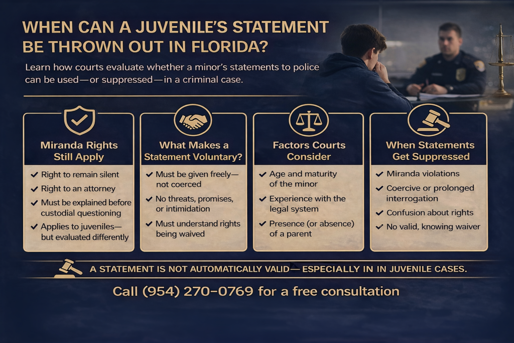 Infographic titled “When Can a Juvenile’s Statement Be Thrown Out in Florida?” explaining how courts determine whether a minor’s statement to police can be suppressed, including Miranda rights, voluntariness requirements, factors courts consider, and common reasons statements may be excluded from evidence.