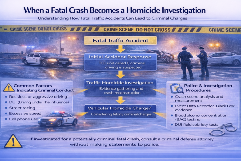 Infographic explaining when a fatal traffic crash becomes a homicide investigation, showing the steps from a fatal accident to a traffic homicide investigation and possible vehicular homicide charges.