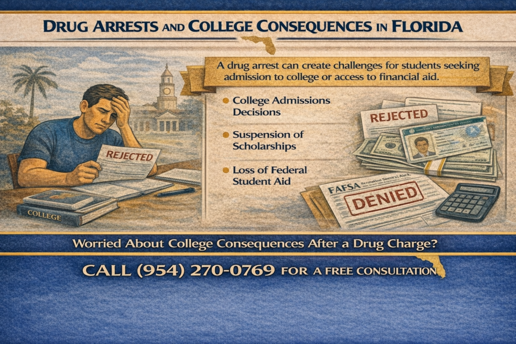 Vintage-style infographic titled “Drug Arrests and College Consequences in Florida” showing a worried student reviewing a rejected college application alongside FAFSA paperwork stamped “denied” and stacks of financial aid documents. The graphic explains that a drug arrest may affect college admissions decisions, scholarship eligibility, and access to federal student financial aid.