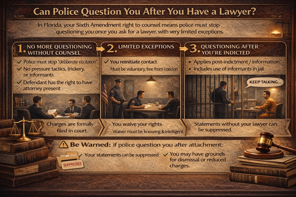 Infographic explaining whether police can question you after you have a lawyer in Florida, including rules on post-charge questioning, limited exceptions, and when statements may be suppressed under the Sixth Amendment.