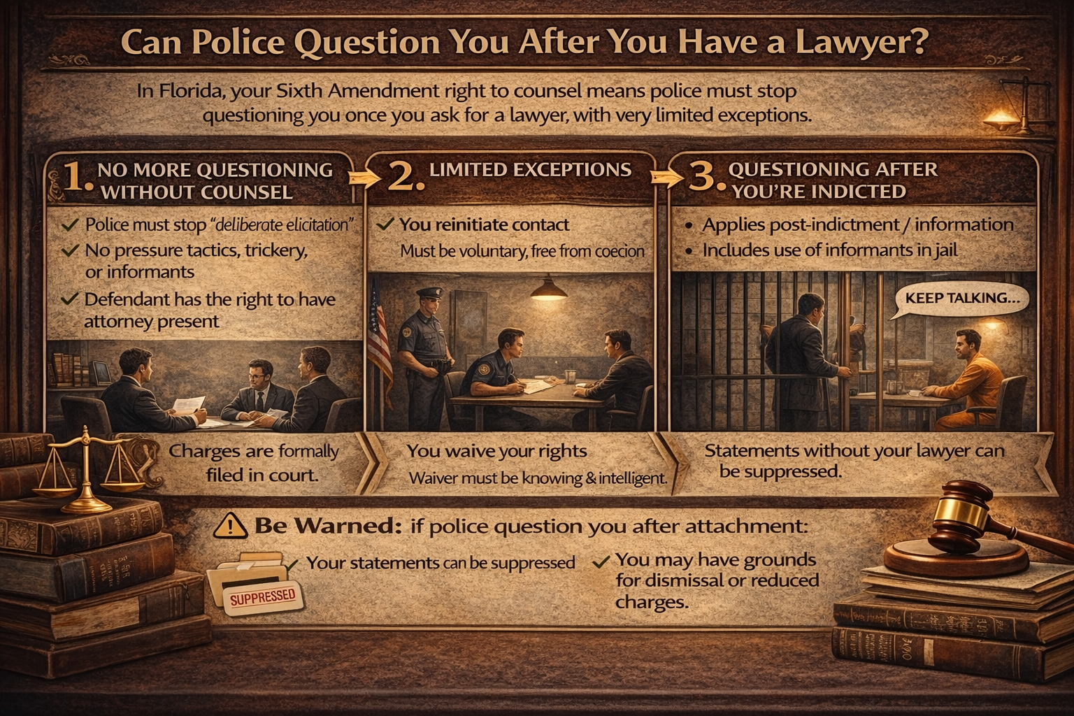 Infographic explaining whether police can question you after you have a lawyer in Florida, including rules on post-charge questioning, limited exceptions, and when statements may be suppressed under the Sixth Amendment.