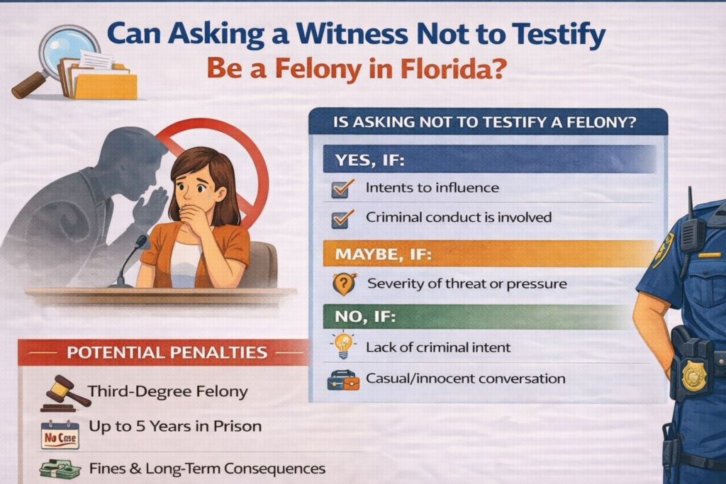 Infographic titled “Can Asking a Witness Not to Testify Be a Felony in Florida?” explaining when it may be considered witness tampering, including intent to influence testimony and involvement in criminal conduct, situations where it may depend on pressure or context, and when it is not a crime (lack of intent or casual conversation), along with potential penalties such as a third-degree felony, up to 5 years in prison, and fines, with icons and illustration of a witness on the stan