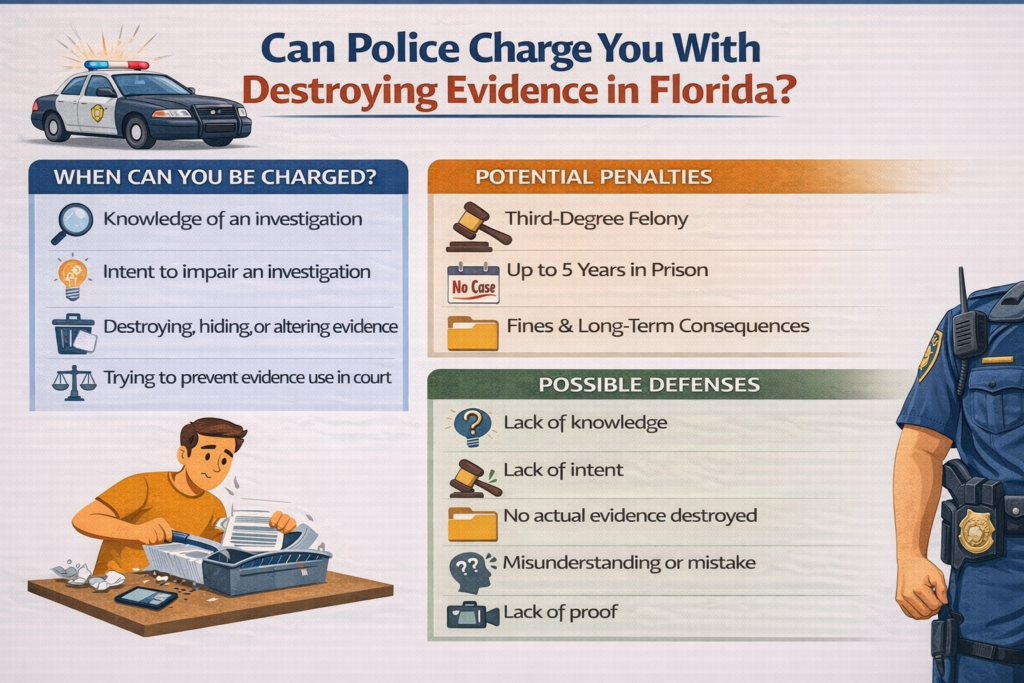 Infographic titled “Can Police Charge You With Destroying Evidence in Florida?” explaining when charges can apply (knowledge of an investigation, intent to impair, destroying or hiding evidence, preventing use in court), potential penalties (third-degree felony, up to 5 years in prison, fines and long-term consequences), and possible defenses (lack of knowledge, lack of intent, no evidence destroyed, mistake, lack of proof), with icons and illustration of a person shredding documents and a police presence.