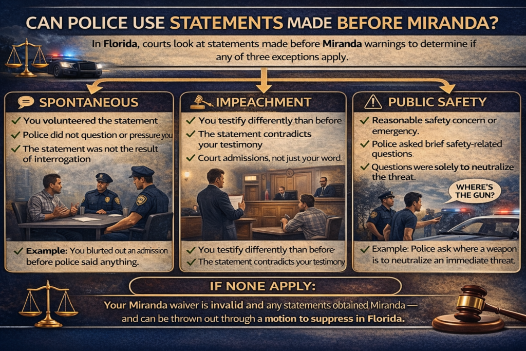 Infographic explaining when police can use statements made before Miranda warnings in Florida, including exceptions like spontaneous statements, impeachment, and public safety questioning, with police and courtroom illustrations.