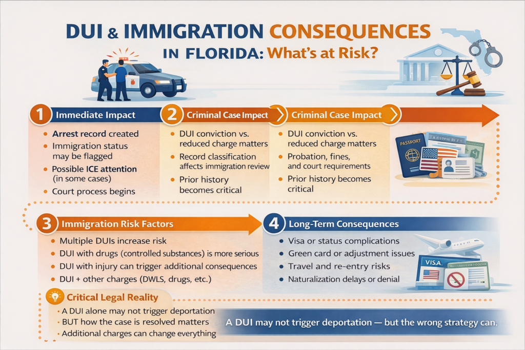 DUI immigration consequences infographic showing immediate impact, criminal case effects, immigration risk factors, and long-term consequences for non-citizens facing DUI charges in Florida.
