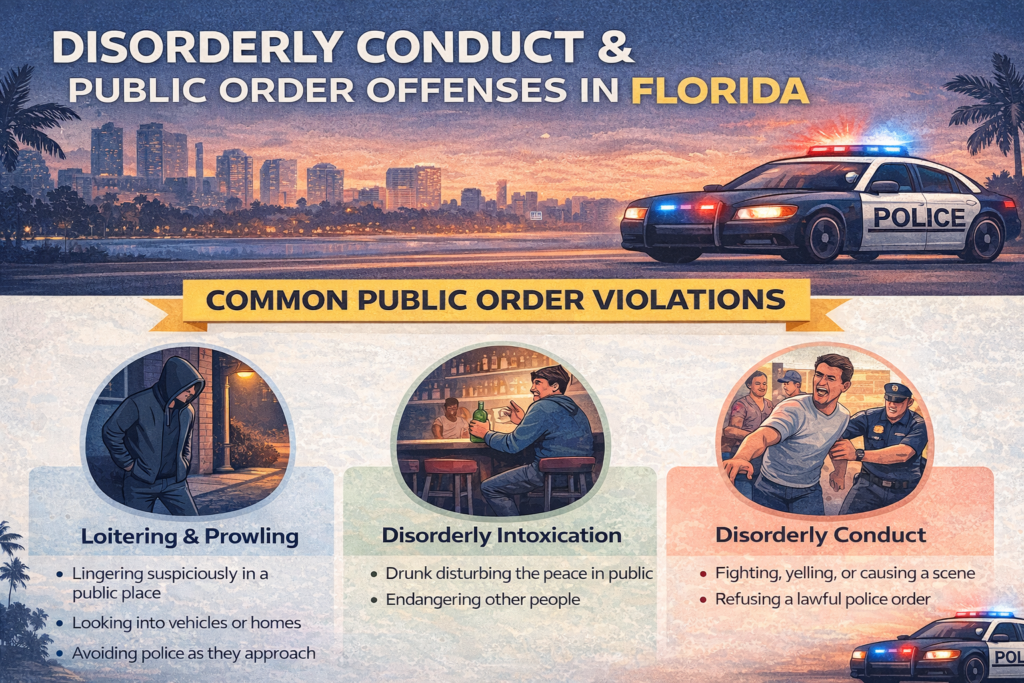 Infographic showing disorderly conduct and public order offenses in Florida, including loitering and prowling, disorderly intoxication, and disorderly conduct, with examples of behaviors that can lead to charges.