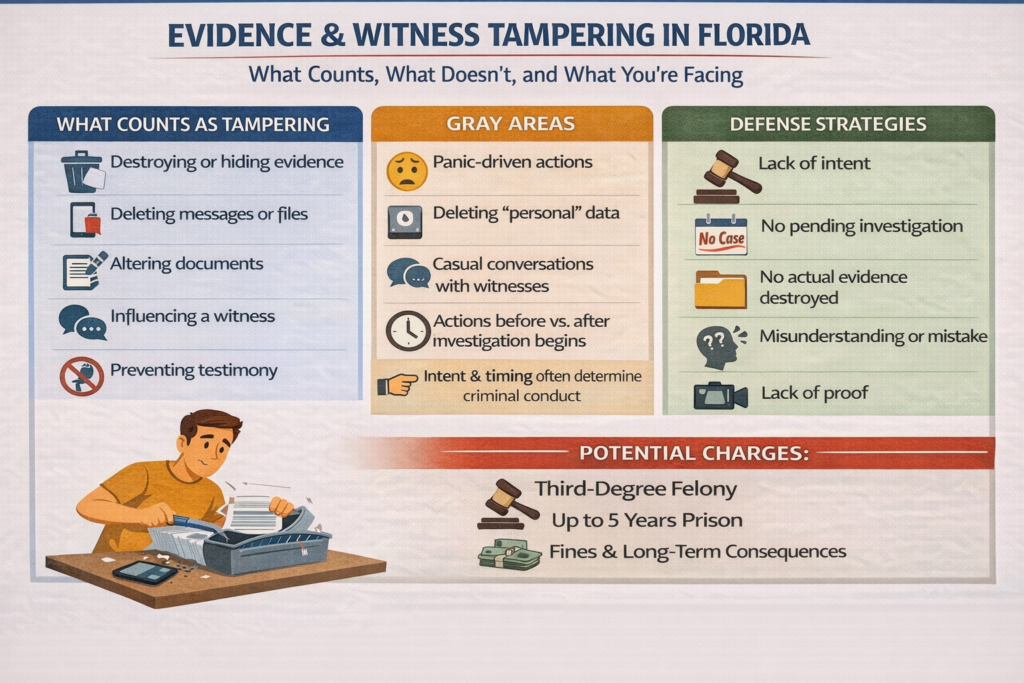 Infographic explaining evidence and witness tampering in Florida, including examples of tampering conduct, gray area situations involving intent and timing, common defense strategies, and potential felony penalties.