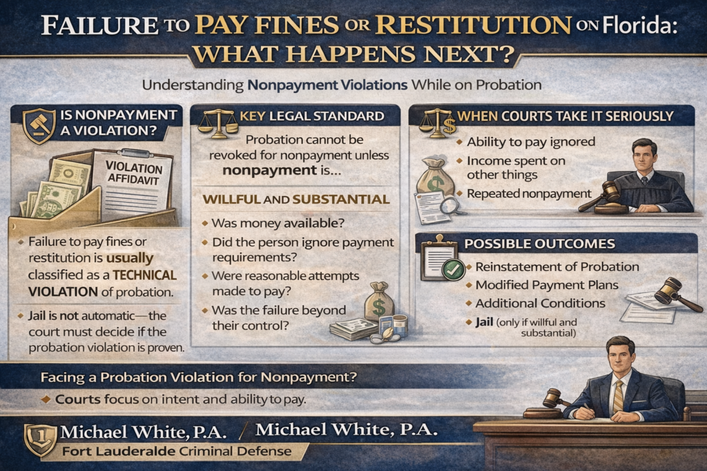 Horizontal infographic explaining probation violations for unpaid fines or restitution in Florida, including willfulness standard and possible outcomes.