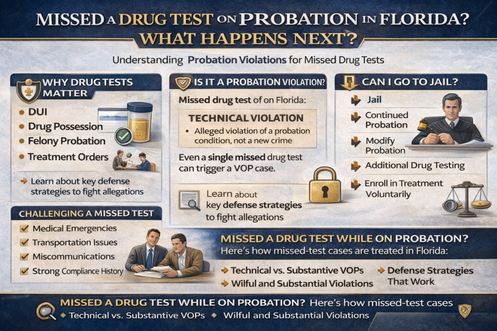 Horizontal infographic explaining what happens after a missed drug test on probation in Florida, including technical violations, legal standards, possible penalties, and common defenses.