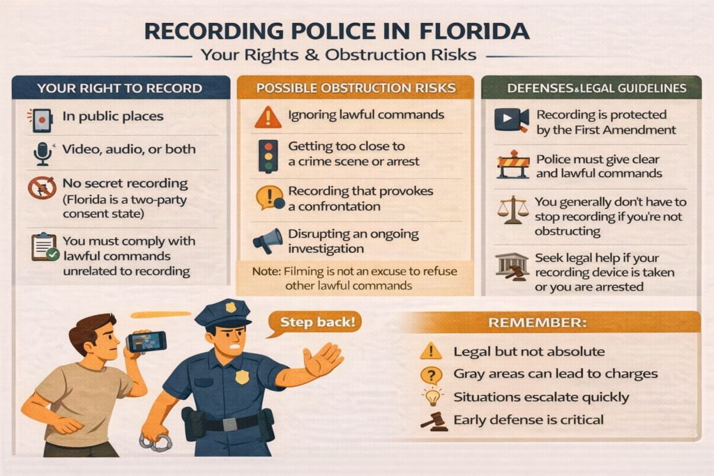 Infographic showing rights to record police in Florida, common obstruction risks during recording, legal defenses, and key reminders about lawful commands and escalation during police encounters.