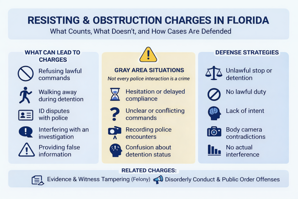 Infographic explaining resisting and obstruction charges in Florida, including common actions that lead to charges, gray area situations during police encounters, defense strategies, and related offenses like evidence tampering and disorderly conduct.