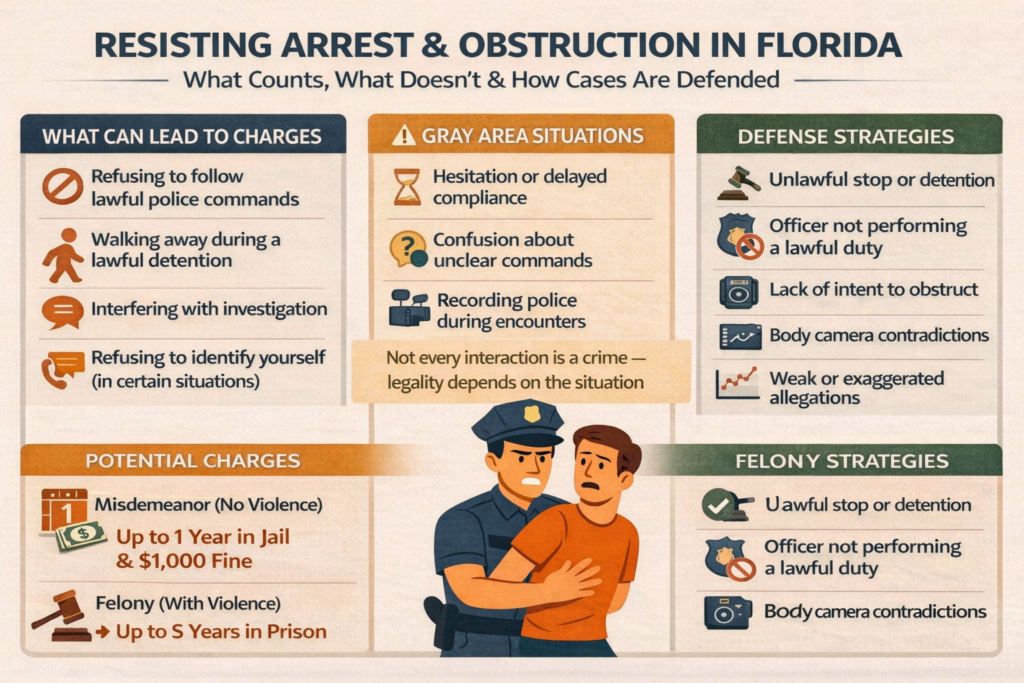 Illustration showing what counts as resisting arrest and obstruction in Florida, including common behaviors, gray area situations, and legal defense strategies, with penalties for misdemeanor and felony charges.