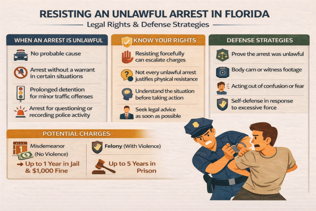 Illustration explaining resisting an unlawful arrest in Florida, including when an arrest may be illegal, legal rights during police encounters, defense strategies, and potential misdemeanor and felony penalties.