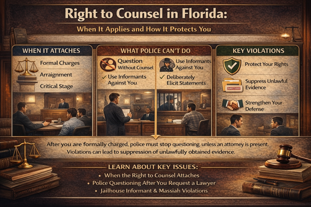 Infographic explaining the Sixth Amendment right to counsel in Florida, including when the right attaches, what police cannot do after charges are filed, and how violations can lead to suppression of evidence.