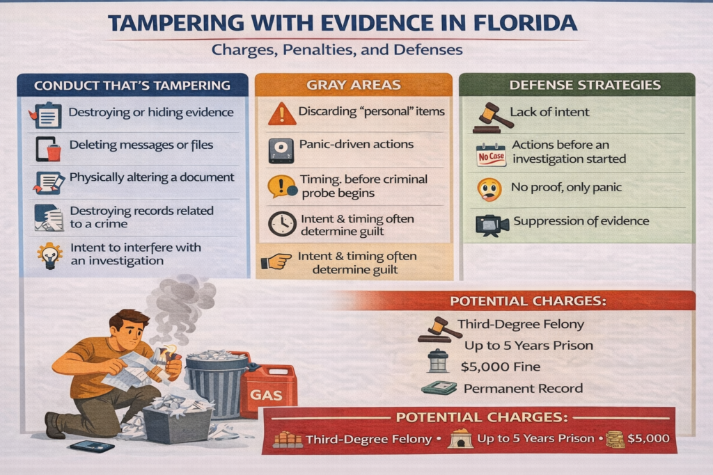 Infographic titled “Tampering With Evidence in Florida: Charges, Penalties and Defenses” showing what counts as evidence tampering (destroying or hiding evidence, deleting files, altering documents, influencing witnesses, preventing testimony), potential penalties (third-degree felony, up to 5 years in prison, fines and long-term consequences), and common defenses (lack of intent, no investigation, no evidence destroyed, mistake, lack of proof), with icons and illustration of a person shredding documents.
