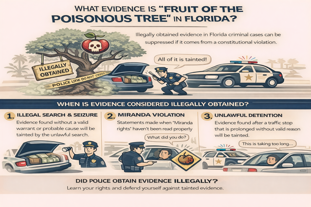 Infographic explaining the “fruit of the poisonous tree” doctrine in Florida, showing how evidence from illegal searches, Miranda violations, and unlawful detention can be suppressed, with police, vehicle, and tainted evidence illustrations.