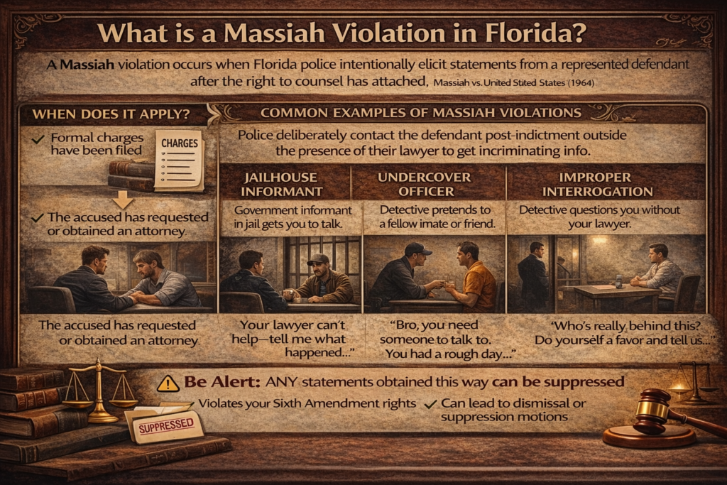 Infographic explaining what a Massiah violation is in Florida, including when the right to counsel has attached, use of jailhouse informants or undercover officers, and how statements obtained without a lawyer may be suppressed.