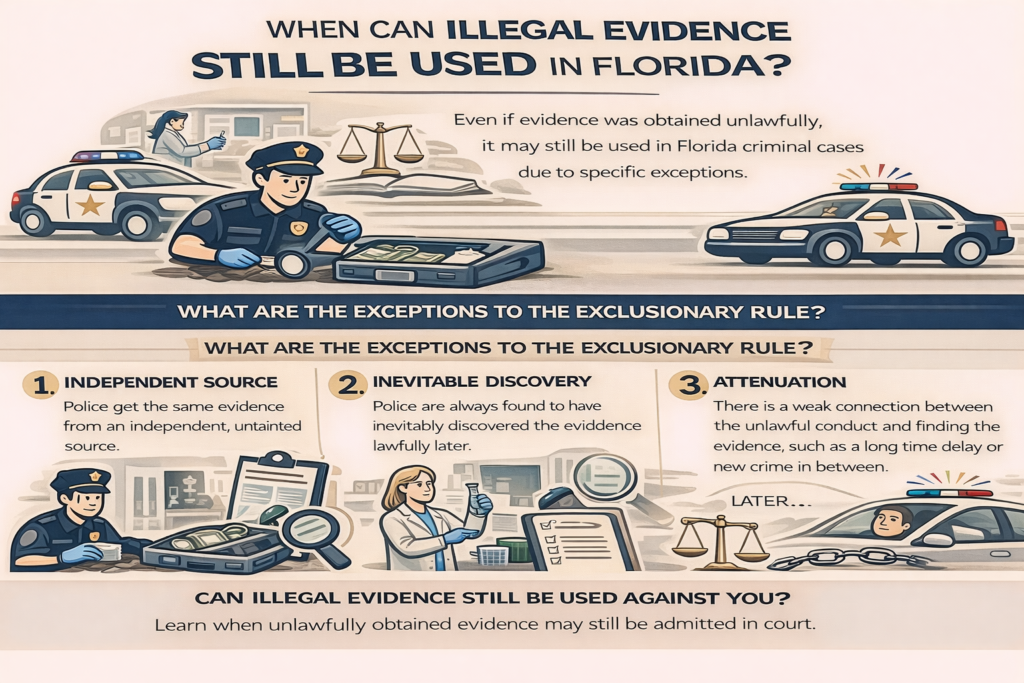 Infographic explaining when illegally obtained evidence may still be used in Florida, highlighting exceptions like independent source, inevitable discovery, and attenuation, with police, legal, and investigation-themed illustrations.