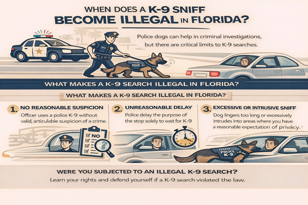 Infographic explaining when a K-9 sniff becomes illegal in Florida, including lack of reasonable suspicion, prolonging a traffic stop to wait for a K-9 unit, and excessively intrusive dog searches, with police officer, K-9, and vehicle illustrations.