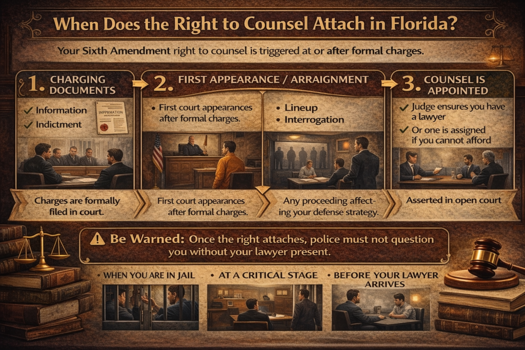 Infographic explaining when the Sixth Amendment right to counsel attaches in Florida, including formal charges, first appearance or arraignment, and critical stages of prosecution, with courtroom and police illustrations.