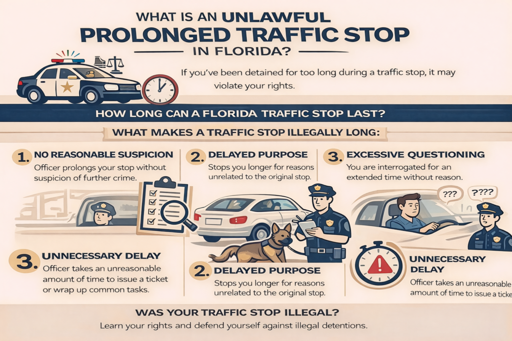 Illustration showing what makes a traffic stop unlawfully prolonged in Florida, including lack of reasonable suspicion, unnecessary delays, and extended questioning beyond the purpose of the stop, with police officer and vehicle visuals.