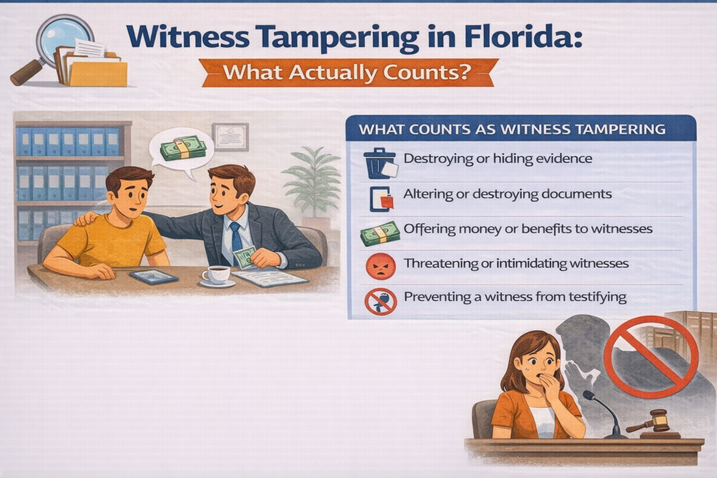 Infographic titled “Witness Tampering in Florida: What Actually Counts?” showing actions that qualify as witness tampering, including destroying or hiding evidence, altering documents, offering money or benefits to a witness, threatening or intimidating a witness, and preventing testimony, with icons and illustrations of a person influencing a witness and a witness on the stand.